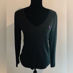 Polo Ralph Lauren Women’s Black Long Sleeve V-Neck Tee Size Large Classic Logo